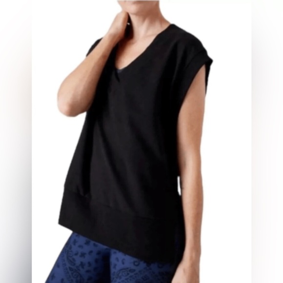 Athleta Retroterry Sweatshirt Womens Black Sleeveless V-Neck Top Medium NEW 1070 - Picture 1 of 8